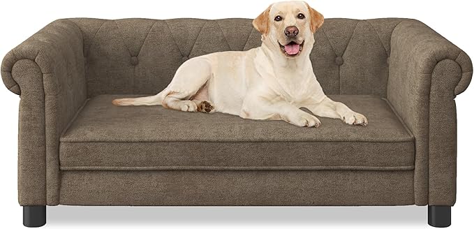 Dog Sofa Couch for Medium to Large Dogs, Memory Foam Pet Sofa Couch with Washable Fabric, Durable Elevated Dog Bed with Legs, Removable Cushion for Medium and Large Dogs, Brown-PurrikoPets