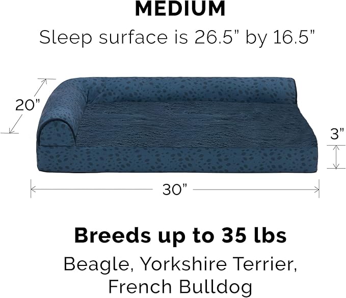 Furhaven Cooling Gel Dog Bed for Medium/Small Dogs w/ Removable Bolsters & Washable Cover, For Dogs Up to 35 lbs - Plush & Almond Print L Shaped Chaise - Blue Almonds, Medium-PurrikoPets