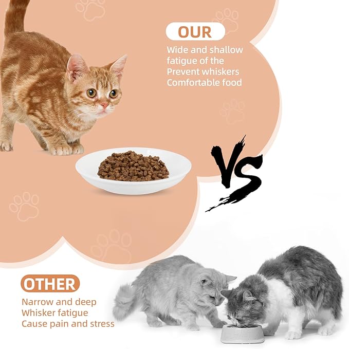 6 Pack Cat Food Bowl, Ceramic Cat Bowls, Anti Whisker Fatigue Cats Bowl Set,5.5 Inches Shallow Wide Kitten Plates for Food and Water (Cat's Paw Style)-PurrikoPets
