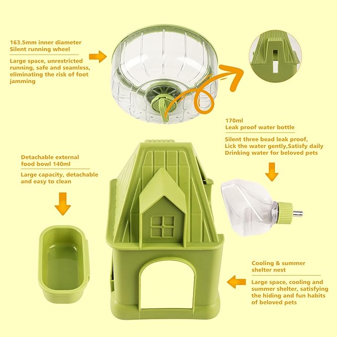 4 in 1 Silent Large Hamster Wheel Multifunctional Hamster Running Wheel Quite Running Spinner Wheel Accessories with Food Bowl Water Bottle for Hamsters Dwarf Gerbil (Green)-PurrikoPets