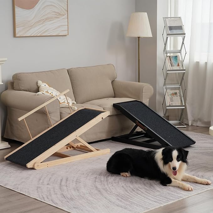 Dog Ramp for Bed Couch - Pet Steps Stairs to Get on Bed Couch 15.7"-23.6" High for Small or Large Dog Up to 200 lbs, Adjustable Wooden Dog Ramp Steps Foldable Portable, Anti-Slip Carpet (Black)-PurrikoPets
