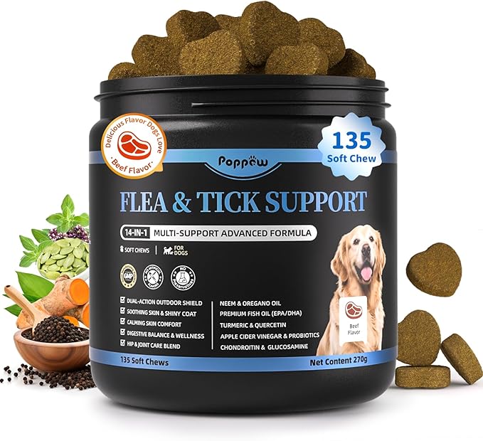 Dog Flea and Tick Support Chewable, Natural Dog Flea Comfort Supplement, Oral Chews with Neem, Oregano Oil, Pumpkin Seed Oil & Brewer's Yeast – 135 Soft Chews, Beef Flavor – for All Breeds & Sizes-PurrikoPets