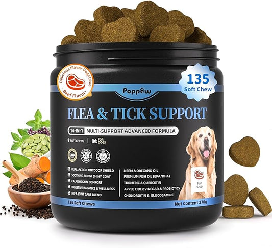 Dog Flea and Tick Support Chewable, Natural Dog Flea Comfort Supplement, Oral Chews with Neem, Oregano Oil, Pumpkin Seed Oil & Brewer's Yeast – 135 Soft Chews, Beef Flavor – for All Breeds & Sizes-PurrikoPets