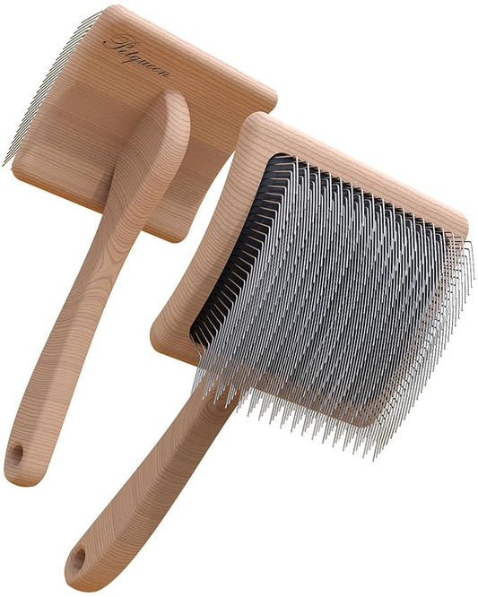Dog Slicker Brush for Large Dogs, Professional Doodles Brush for Poodles, Goldendoodles and Labradoodles - Easy to Remove Tangles, Mats and Fluff - 3.8"x3.2" Head, 8" Wood Body-PurrikoPets