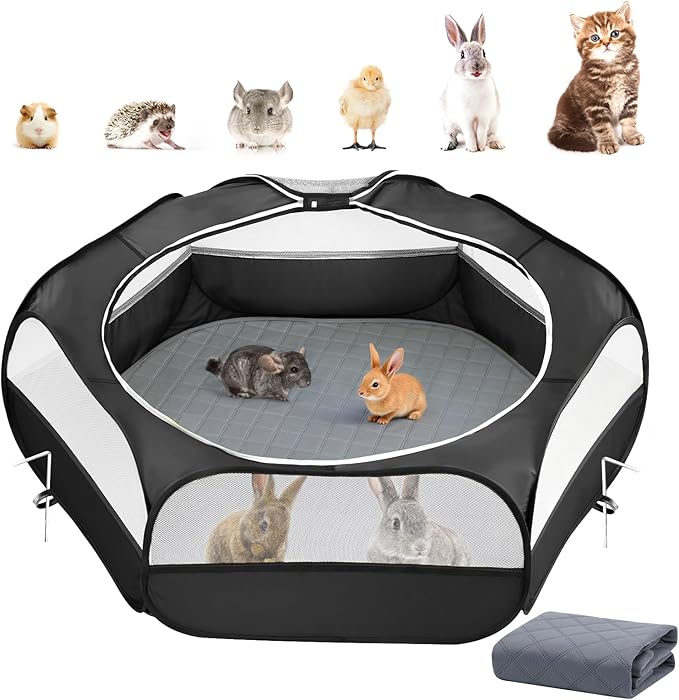 2-in-1 Small Animals Playpen with Pad, Waterproof Small Pet Cage Tent with Reusable Pad, Portable Outdoor Yard Fence with 3 Metal Rod for Chick/Kitten/Puppy/Guinea Pig/Rabbits/Chinchillas, Black-PurrikoPets