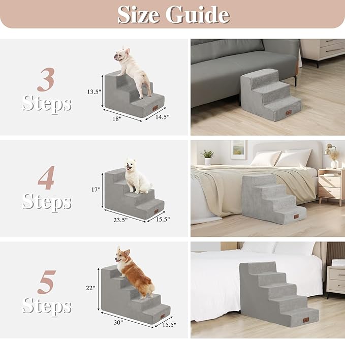 GGIB Dog Stairs for Small Dogs Cats Non-Slip Dog Steps for High Bed Pet Stairs for Sofa Couch Pet Ramp Pet Steps with Removable Washable Cover, Light Grey, 22" H, 5-Step-PurrikoPets