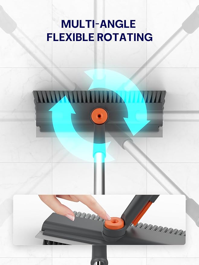 Floor Scrub Brush with Long Handle, 3 in 1 Multi-angle Swivel Right Angled Bristle Floor Scrubber Brush with Squeegee and Tweezer for Cleaning Tile Wall Deck Bathroom Patio Garage Kitchen (Grey)-PurrikoPets