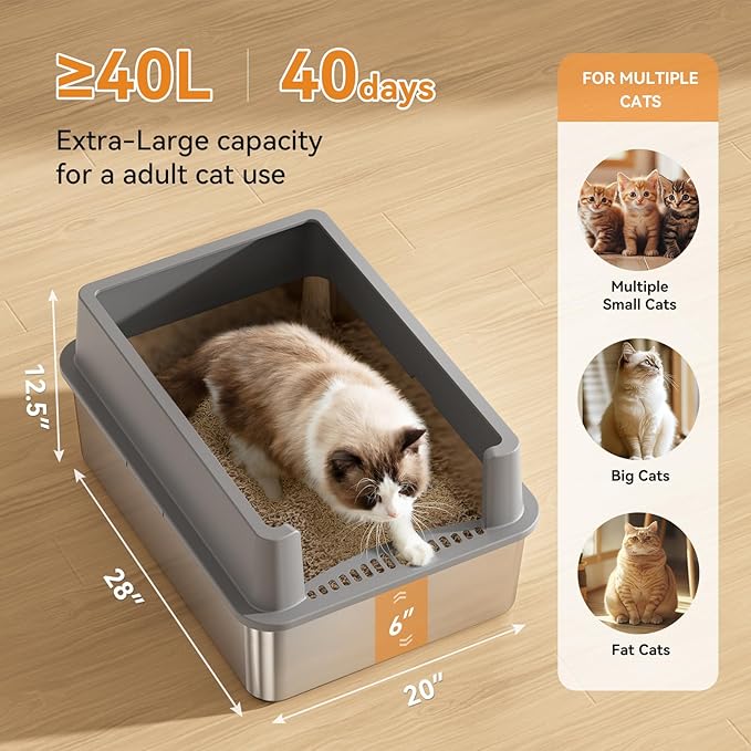 28" Extra Large XXL Stainless Steel Cat Litter Boxes with Lid Metal Cat Litterbox Pan for Big Cats and Multiple Cats, Anti-Leakage, Easy Cleaning, Include Scoop-PurrikoPets