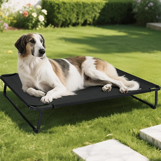 Elevated Dog Beds, Extra Large Raised Dog Cots Outdoor Cooling Dog Bed Waterproof Stable and Easy Assembly, Teslin Fabric with 1.2mm Thick Iron Frame, Breathable, Ultra-Sturdy，Black, 54*37*8.7-PurrikoPets