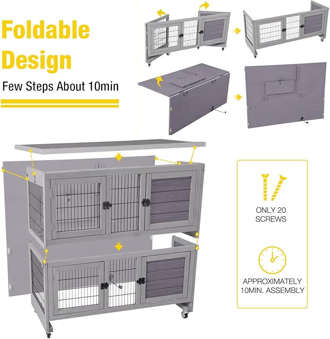 Aivituvin Rabbit Hutch Indoor, Folding Bunny Cage with Two Story, Rabbit Cage with Wheels, Anti Slip Ramp-PurrikoPets