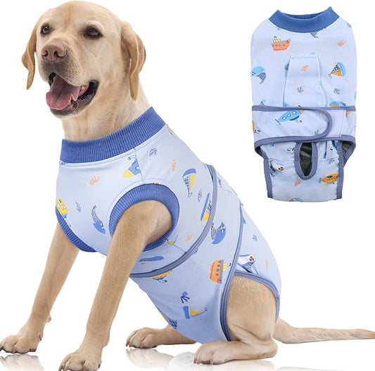 FUAMEY Recovery Suit for Dogs After Surgery,Soft Breathable Dog Bodysuit E-Collar & Cone Alternative Surgical Suit,Male Female Dog Neuter Spay Suits Anti Licking Wounds Onesie Blue Boat XXL-PurrikoPets