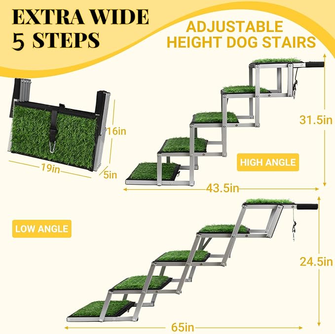 Extra Wide Dog Stairs for Car, Portable Folding Dog Steps for Large Dogs with Non-Slip Grass Rug for Cars, SUV, Trucks, Lightweight Pet Ramps Supports Up to 200 lb, 5 Steps-PurrikoPets