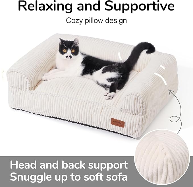 FUKUMARU Dog Couch Bed, Corduroy Cozy Cat Bed for Indoor Cats with Washable Cover, Supportive Waterproof Dog Beds Sofa for Small Dogs and Large Cats Cute, 28inch, Medium, Cream-PurrikoPets