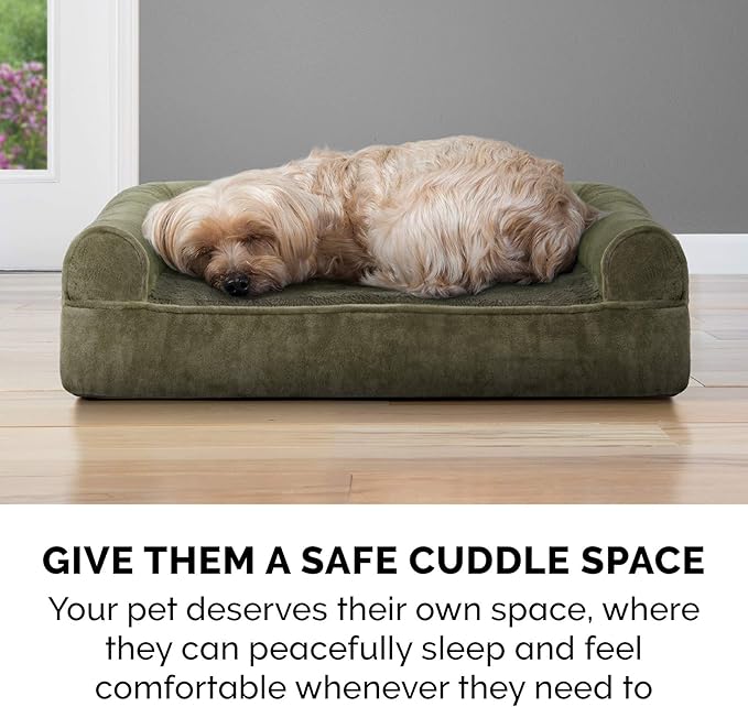 Furhaven Orthopedic Dog Bed for Large Dogs w/ Removable Bolsters & Washable Cover, For Dogs Up to 125 lbs - Faux Fur & Velvet Sofa - Dark Sage, Jumbo Plus/XXL-PurrikoPets