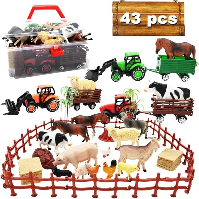 3 Pack Farm Toy Tractor with 40pcs Plastic Animals Figurines and Fence Playset, Farm Figures Farmer Vehicle Toy Truck with Trailer for 3-12 Years Old Kids Boys Girls Toddlers-PurrikoPets
