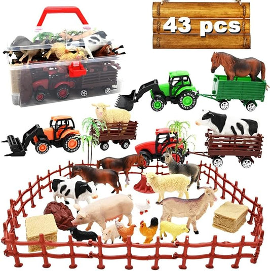 3 Pack Farm Toy Tractor with 40pcs Plastic Animals Figurines and Fence Playset, Farm Figures Farmer Vehicle Toy Truck with Trailer for 3-12 Years Old Kids Boys Girls Toddlers-PurrikoPets