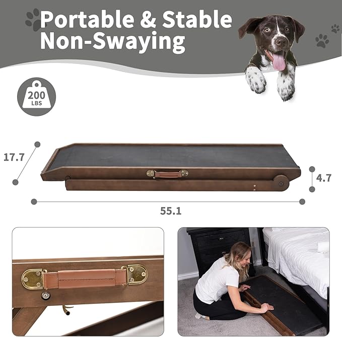 ABORON Dog Ramp,Adjustable Folding Pet Ramp for Bed,Couch,SUV - High Traction Portable Rubber Paw Ramps,Great for Small & Large Old Dogs & Cats, Supports up to 200 lbs,55''Long-PurrikoPets