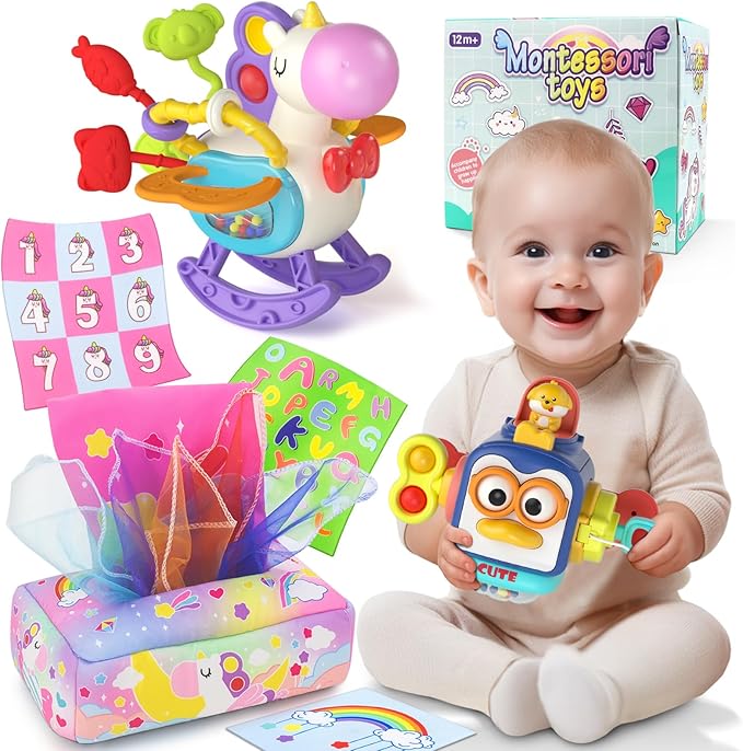 3 in1 Baby Toys 12 to 18 Months - Busy Board Sensory Toys, Tissue Box Toy, Pull String Teether, Learning Toy for Babies, Infant Gifts for 12 18 Months Old-PurrikoPets