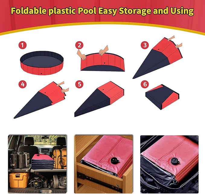 Foldable Dog Pool, 39" x 12" Kiddie Pool with Hard Plastic, Non-Slip Dog Bath Tub for Outdoor Backyard, Collapsible Dog Swimming Pool for Kids Dogs Pets (Red)-PurrikoPets