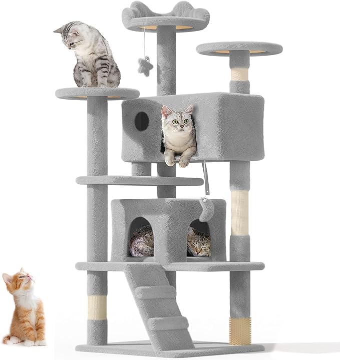 54" Cat Tree Tower for Indoor Cats Large Adult,Cute/Tall Modern Cat Tree for Big Cats 20 lbs, Plush Multi-Level Cat Condo with Scratching Posts, Dangling Ball for Fun (Light Gray, 54 inch)-PurrikoPets