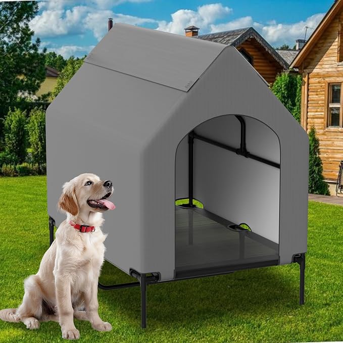 48” Extra Large Dog House-2-in-1 Extra Large Dog House with 8.5” Elevated Dog Bed-Weatherproof Waterproof Outdoor Dog House,Easy to Clean-PurrikoPets