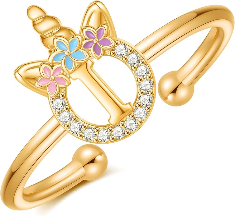 Unicorn Rings Gifts for Girls - Adjustable Initial Ring Dainty Cute Unicorn Rings for Girl Teens Little Girls Jewelry Birthday Gift