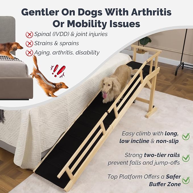 Dog Ramp for Bed or Couch, Wooden Pet Ramp with 20° Gentle Slope, Removable Side Rails, Non-Slip Surface, Top Platform & Wheels, Safe Bed Ramp for Small, Medium & Senior Dogs, 74" Long, Natural-PurrikoPets