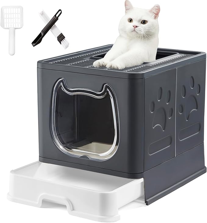 Gefryco Litter Box with Lid for Small to Medium Cats, Enclosed Cat Litter Box with Cover，High Sided Top Entry Cat Box with Brush and Scoop, Cute Kitty Litter Pan with Drawer for Growing Kitten(Black)-PurrikoPets