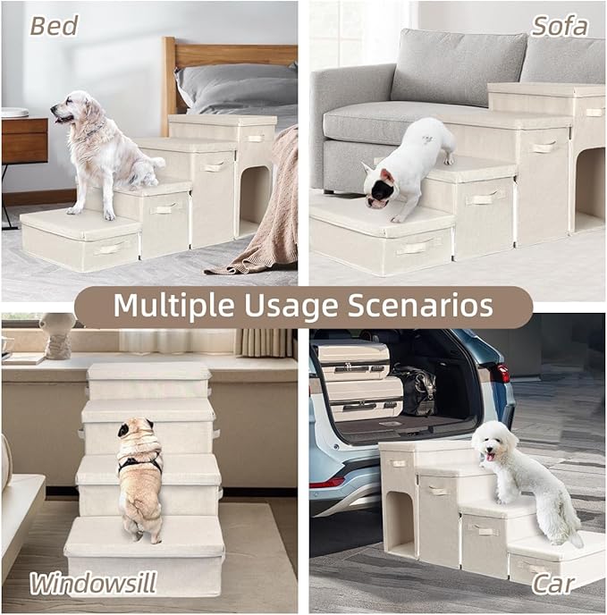 Dog Stairs with Storage, Folding Pet Steps with Zip for Small Dogs and Cats, 4-Step Pet Stairs with Pet House for High Bed, Couch and Car Ramp, Up to 200 Lbs (Beige, 4 Steps with Condo)-PurrikoPets