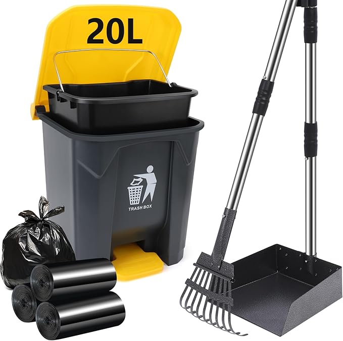 Dog Pooper Scooper, 20L Large Dog Poop Trash Can Outside with Removable Inner Bucket, Poop Trash Can for dog Outdoors with 90 Waste Bags, 37inch Long Handle Stainless Metal Tray & Rake-PurrikoPets