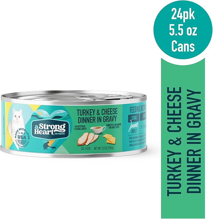 A Strong Heart Canned Wet Cat Food, Turkey & Cheese Dinner in Gravy - 5.5 oz Cans (Pack of 24), Made in The USA with Real Turkey-PurrikoPets