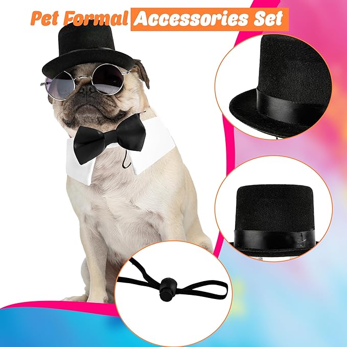 4 Pcs Pet Formal Halloween Costume Accessories Dog Wedding Bow Tie Top Hat Puppy Gentleman Costume for Small Medium Dogs Cats Halloween Party-PurrikoPets