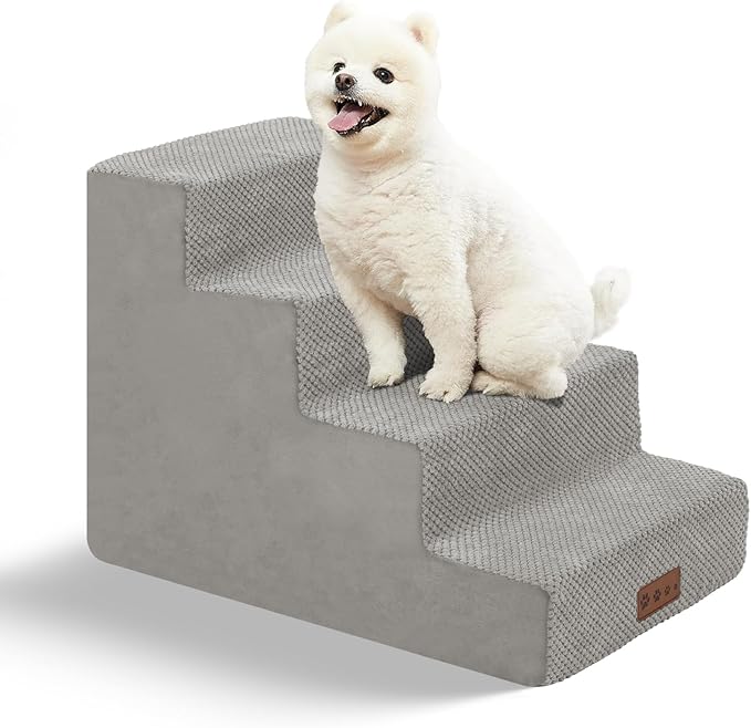 GGIB Non-Slip Pet Stairs for Small Dogs & Cats - 4-Step, Removable Washable Cover, Light Grey, 17" H-PurrikoPets