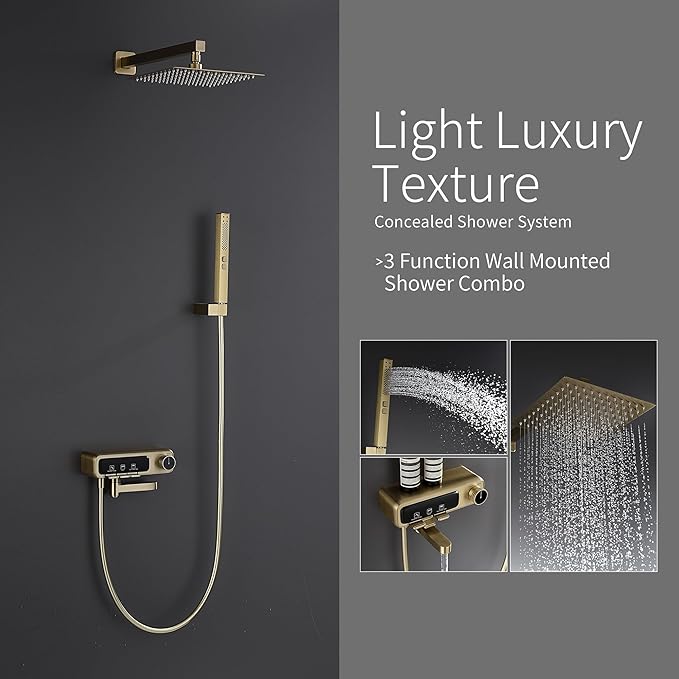 10" Square Rainfall Bathtub and Shower Trim Systems with Rotating Handheld Sprayer, Foldable Tub Spout, Wall-Mounted, Solid Brass Valve with Shampoo Platform- Brushed Gold (Square, Brushed Gold)-PurrikoPets