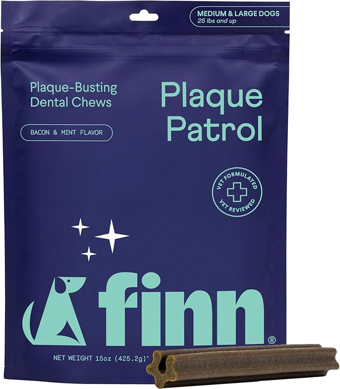 Finn Plaque Patrol Dental Chews | Triple-Action Defense Against Plaque, Tartar, and Bad Breath | for Medium/Large Dogs, 25+ lbs-PurrikoPets