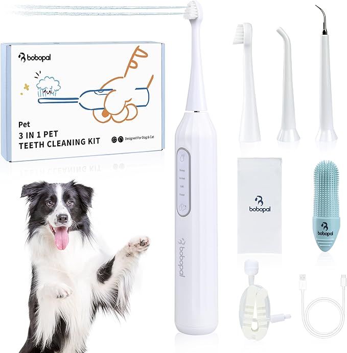 Dog Tooth Brushing Kit,3-in-1 Dog Teeth Cleaning Tools,Ultrasonic Electric Toothbrush & Plaque Remover for Dogs with Water Flosser for Teeth,2 Modes & 3 Intensity Levels,IPX7,1100mAh Battery-PurrikoPets