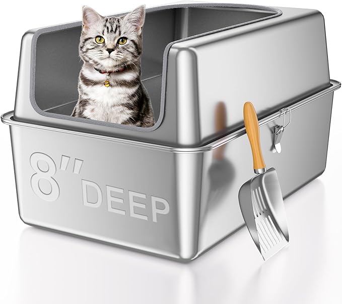14'' High Sides XXL All Stainless Steel Cat Litter Box with Lid,XL Deep Metal Litter Box for Big Cats,Extra Large Litter Boxes with High Wall Enclosure,Anti-Leakage,Never Absorbs Odors,Non-Sticky-PurrikoPets