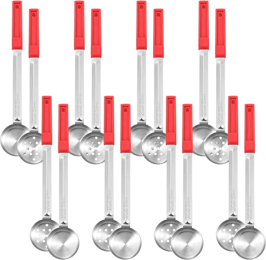 16 Pcs Portion Control Serving Spoons, Restaurant Measuring Serving Ladle Utensils, Portion Control Slotted Scoops for Weight Loss, Solid and Perforated Scoops(Red,2 oz)-PurrikoPets