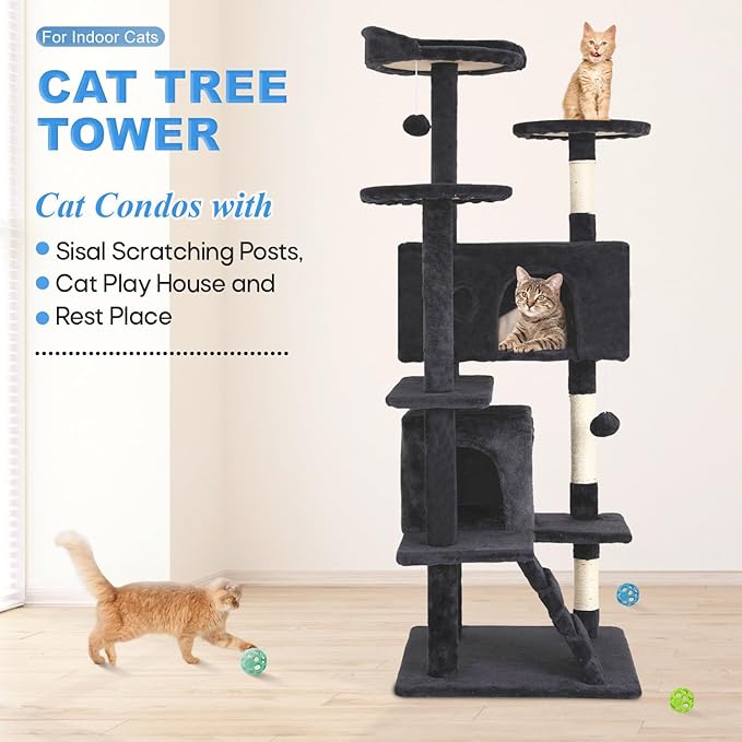 FDW Cat Tree 54in Cat Tower Multi-Level Durable Cat Scratching Post & Cozy Fun Cat Jumping Platform Space Saving Cat Condo Pet Play House for Indoor Cats,Dark Gray-PurrikoPets