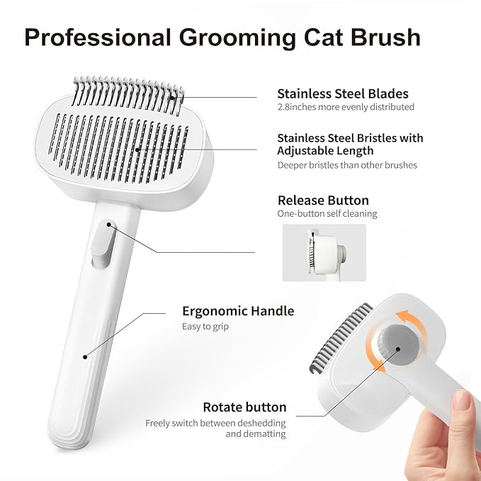 2-in-1 Deshedding Brush & Dematting Comb for Cats, Cat Brush for Long Haired Cats, Effectively Removes Matted Fur & Tangles, White-PurrikoPets