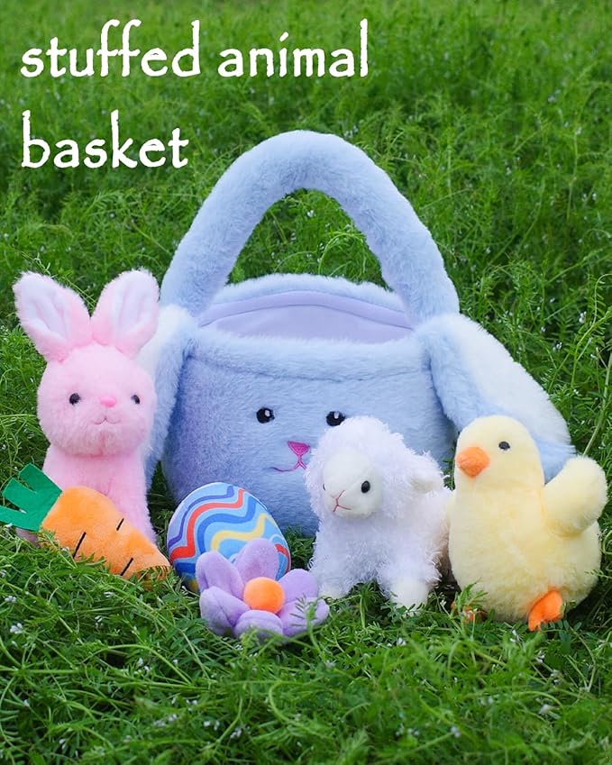7 Piece Plush Stuffed Animals Playset Toys with Rabbit, Chick, Lamb, Carrot, Egg, Flower, Furry Bag, Soft Basket Set Toys for Girls Kids Ages 3+, Birthday Christmas Valentines Easter Party Favors-PurrikoPets