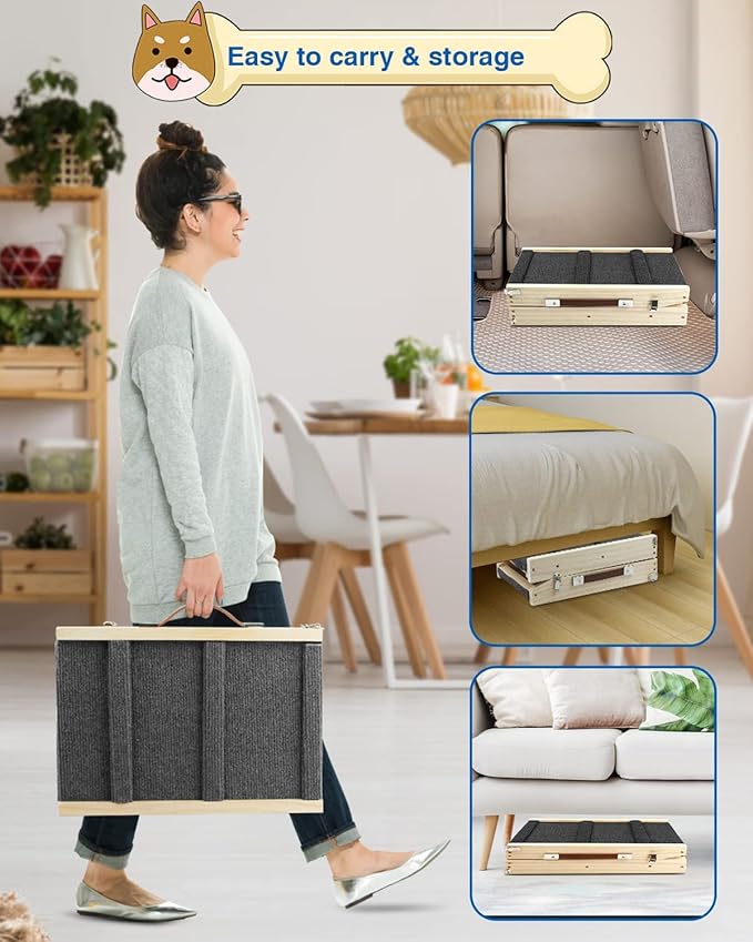 Adjustable Dog Ramp, Wooden Folding Portable Pet Ramp,Rated for 30 LBS, 32.6" Long and Adjustable from 10" to 19" with Non-Slip Traction Mat, Dog Step for Bed, Couch,Car (Grey)-PurrikoPets