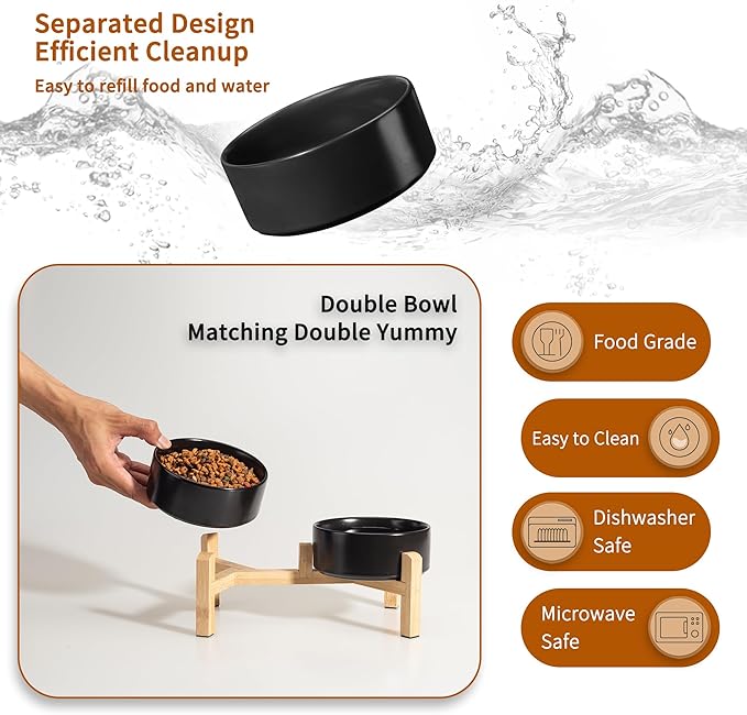 Elevated Ceramic Dog Bowl Set - Raised Feeding Bowls with Non-Slip Bamboo Stand - Small Pet Dishes for Food and Water - Ideal for Cats and Puppies - 16.23 OZ - 2 Cups - 480 ML-PurrikoPets