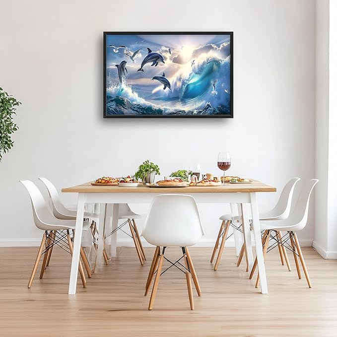 Dolphin Seagull Large Wall Art Sea Ocean Waves Sunrise Pictures Wall Decor Nautical Coastal Canvas Print Painting Artwork for Bathroom Living Room Bedroom 36L" x 24W"-PurrikoPets