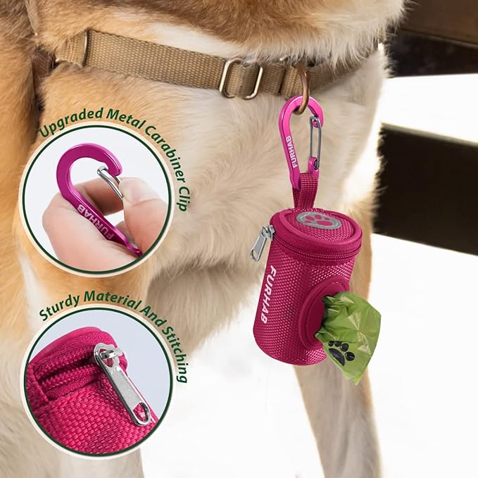 Dog Poop Bag Holder for Leash Doggie Waste Bag Dispenser Soft Fabric Puppy Potty Carrier Small Doggy Zipper Pouch with Carabiner Clip 1680D Nylon Oxford with 1 Roll of Pet Trash Bags, Rose Red-PurrikoPets