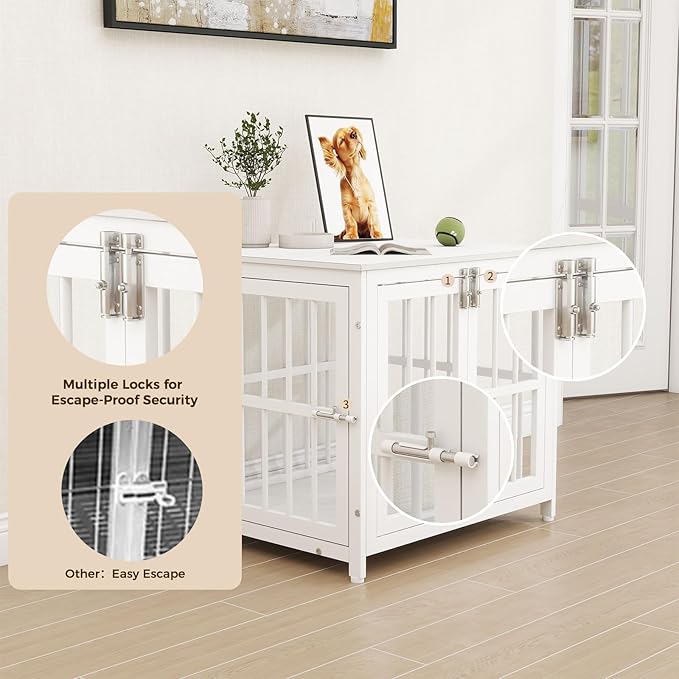 26 Inch Heavy Duty Wooden Dog Kennel End Table with Double Door Design and Secure Locks, Indoor Pet Crate Furniture for Small Dogs, Decorative Home Cage Design,White-PurrikoPets