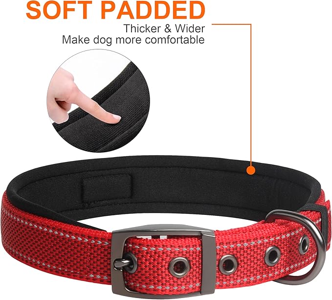 Fida Heavy Duty Dog Collar, Ultra Comfortable Soft Neoprene Padded, Adjustable Reflective Nylon Pet Collar with Durable Metal Belt Buckle for Medium Breeds (M, Red)-PurrikoPets