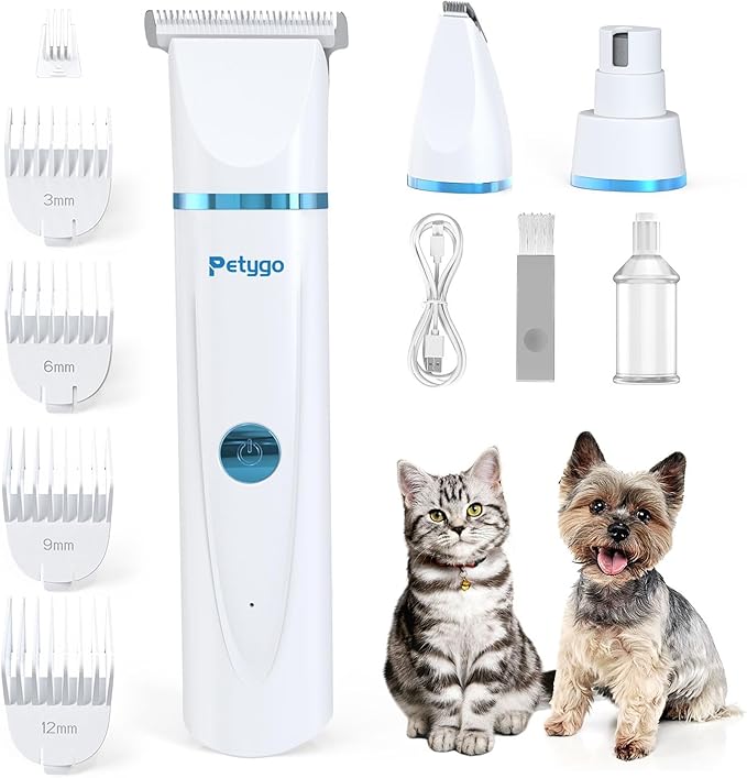 3-in-1 Dog & Cat Grooming Kit - Rechargeable Cordless Pet Hair Clippers with Nail Grinder & Paw Trimmer & 5 Guide Combs, Low Noise Dog Clippers for Grooming Small Medium Pets-PurrikoPets