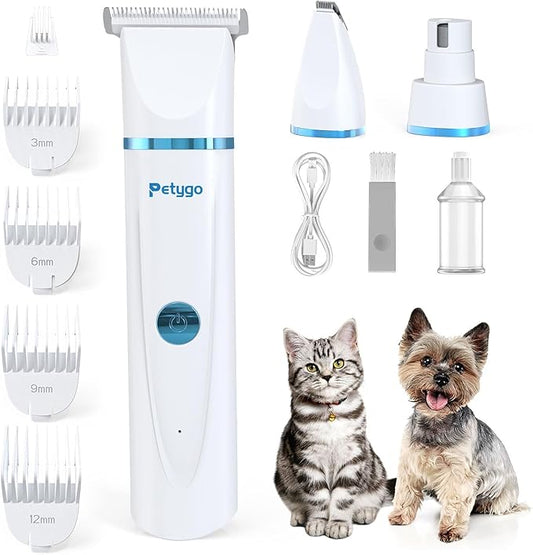 3-in-1 Dog & Cat Grooming Kit - Rechargeable Cordless Pet Hair Clippers with Nail Grinder & Paw Trimmer & 5 Guide Combs, Low Noise Dog Clippers for Grooming Small Medium Pets-PurrikoPets