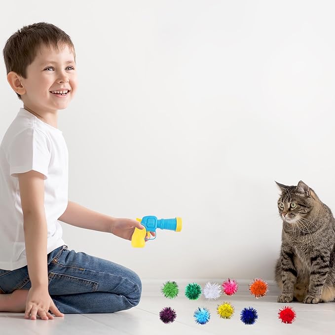 Dorhui Cat Toy Gun Launcher - 30 Pcs Sparkle Pom Pom Balls and Ball Launcher, Fetch Toy Gun Shooter, Interactive Glitter Balls for Indoor Cats and Kitty Gifts-PurrikoPets